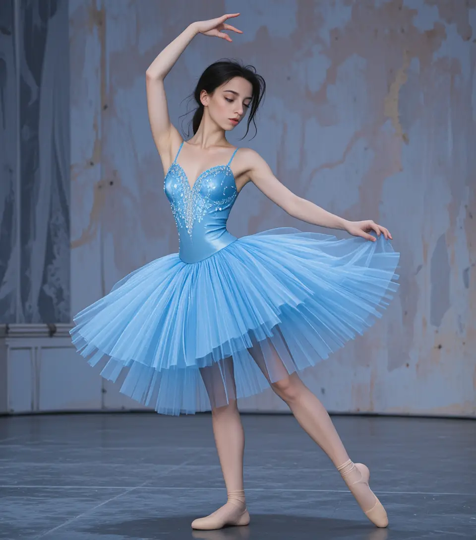 Anmutige Ballerina in blauem klassischen Tutu auf der Bühne