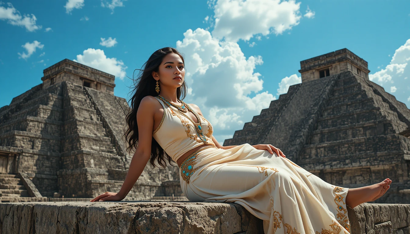 Young aztec woman resting on stone ledge at pyramids