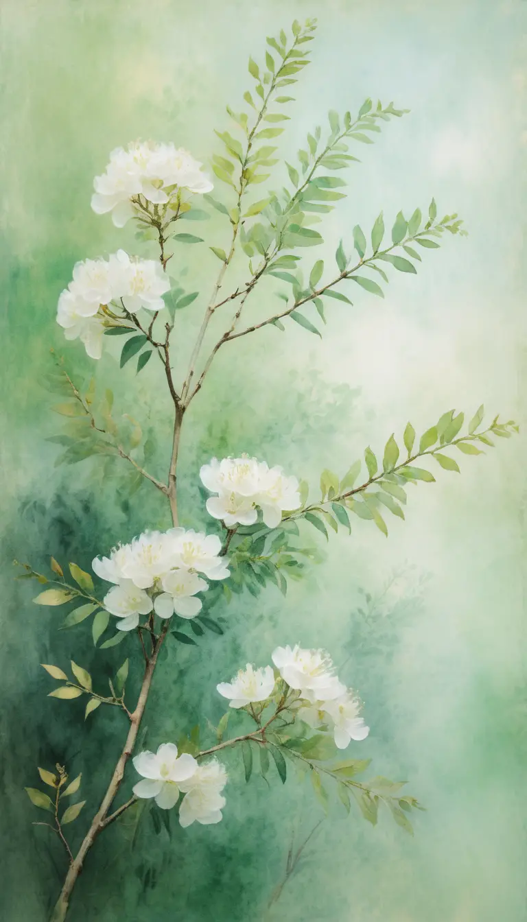 Impressionist watercolor of white flowers on green background