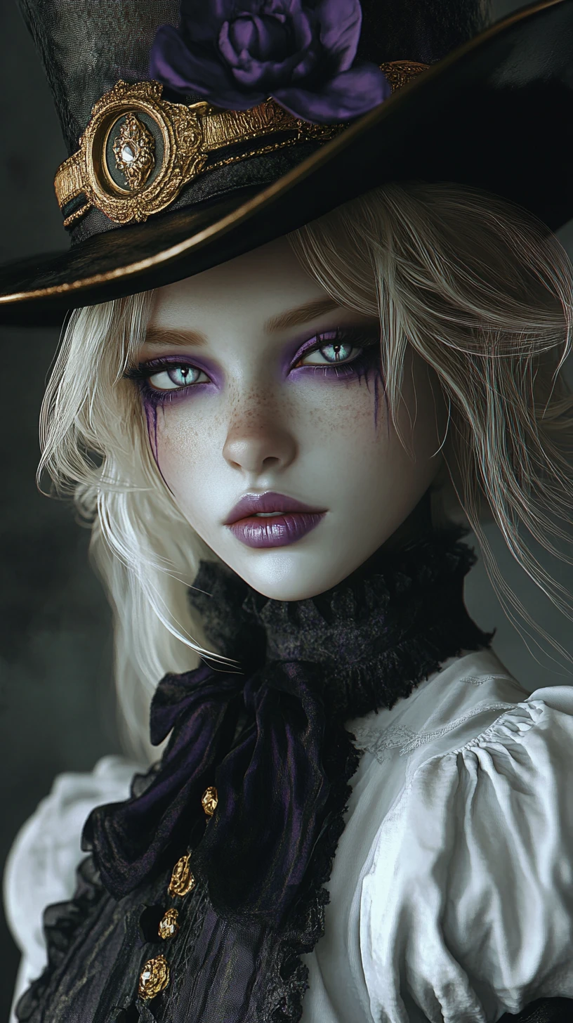 Melancholic woman in top hat with dark fantasy makeup