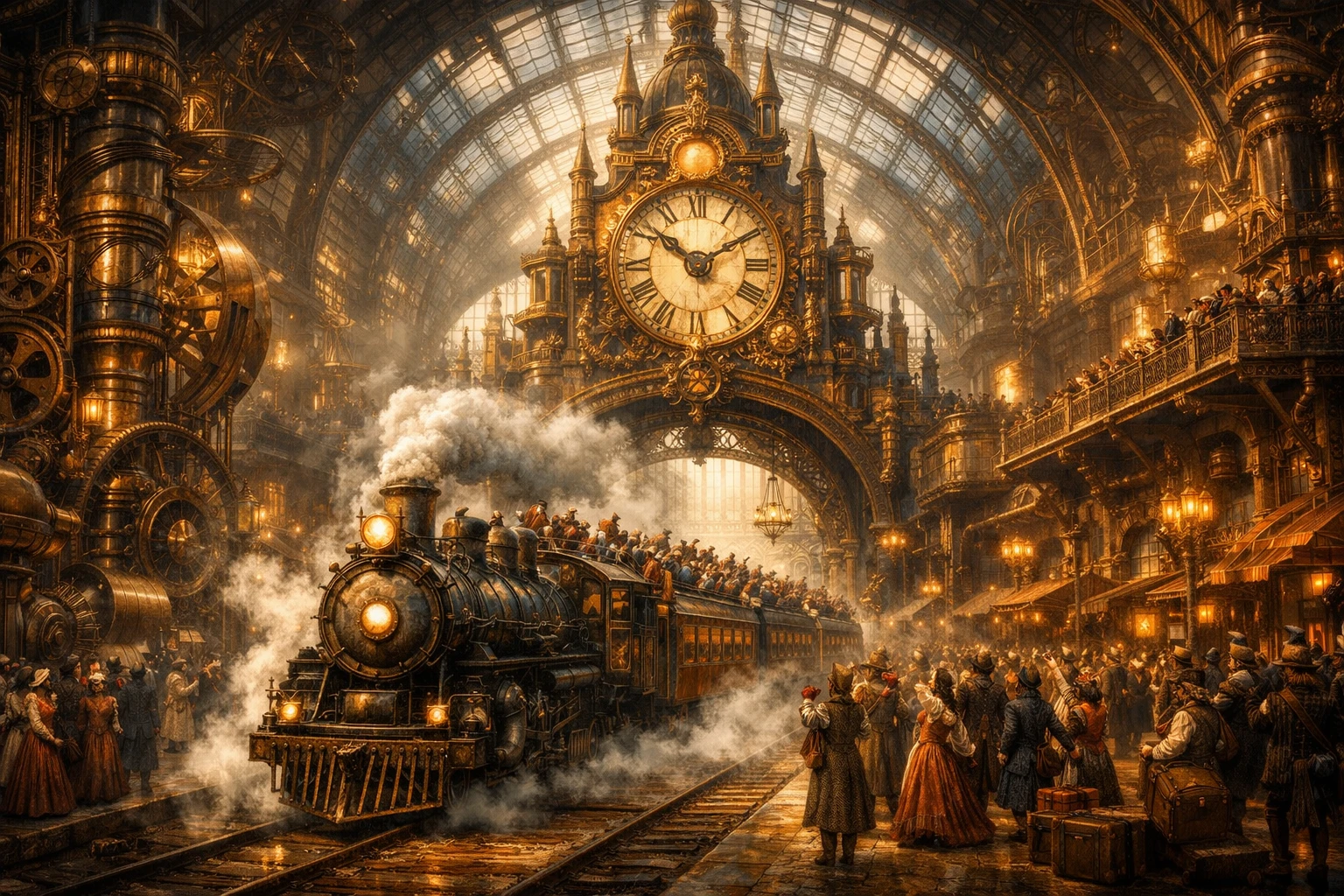 幻想的なスチームパンク駅 巨大な時計塔と人混み