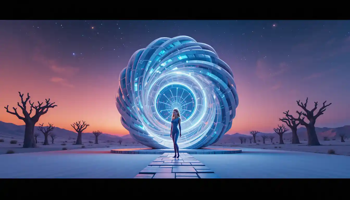 Futuristic Spiral Building In A Desert At Sunset