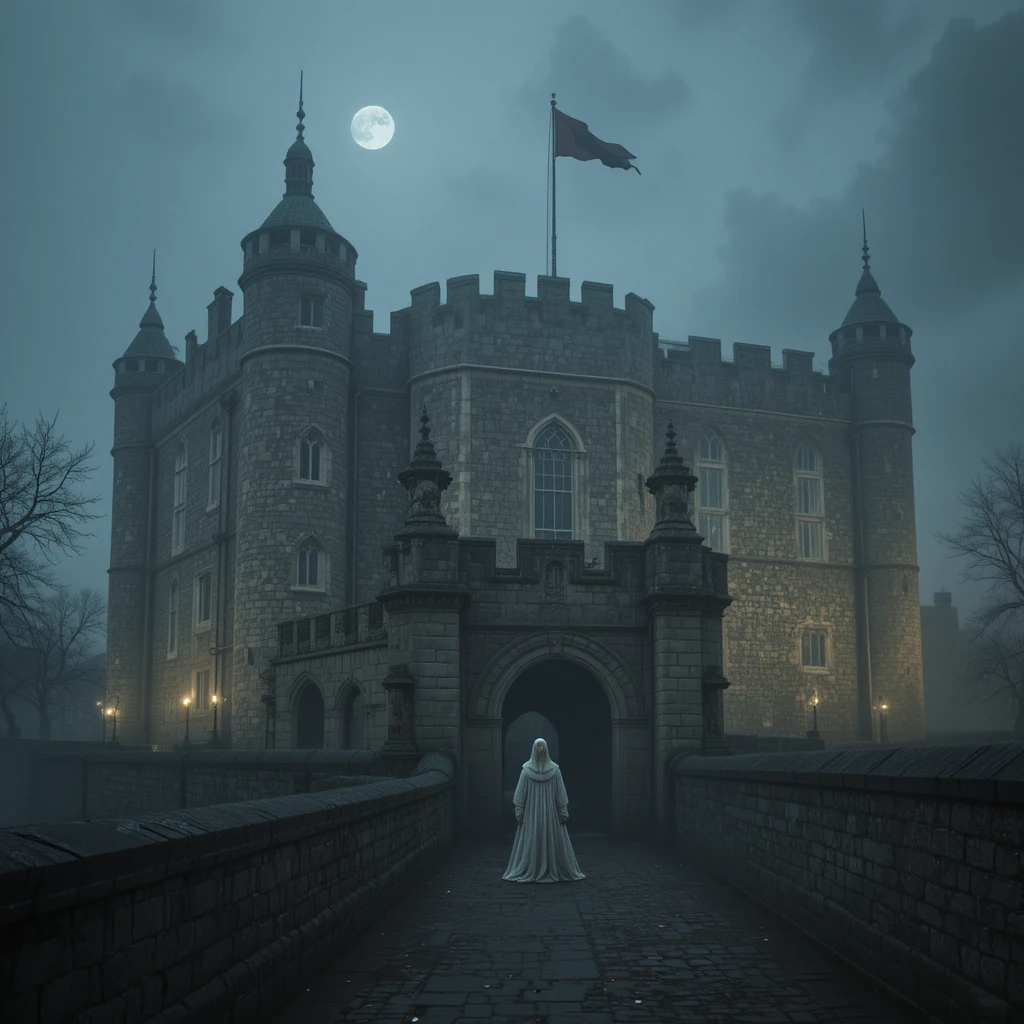 Ghostly tower of london under foggy night sky