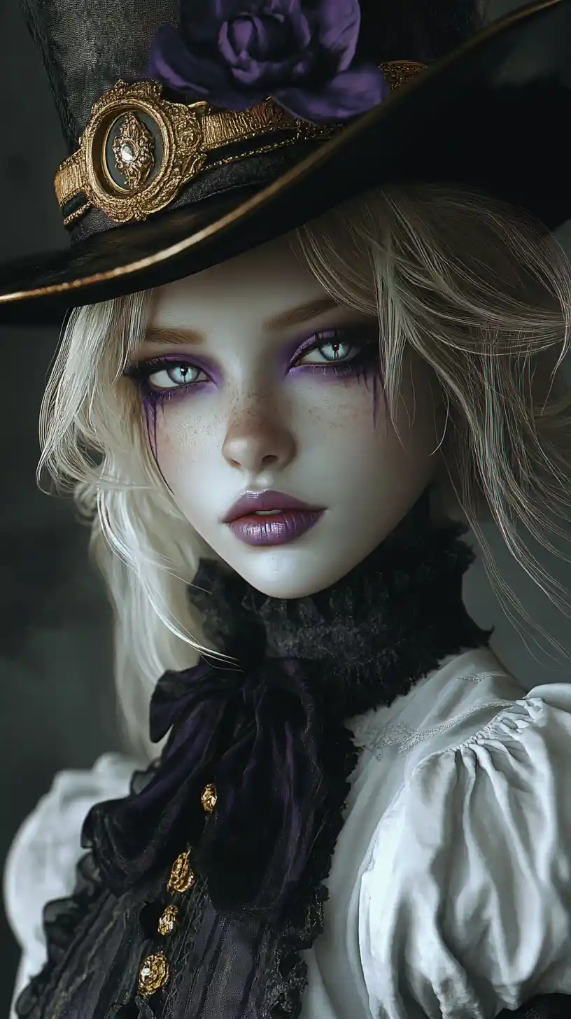 Melancholic woman in top hat with dark fantasy makeup