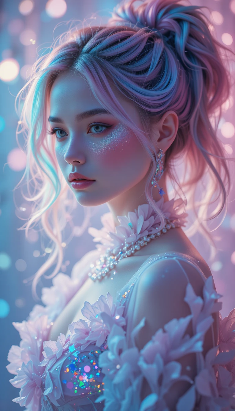 Dreamy pastel fantasy woman with iridescent hair portrait