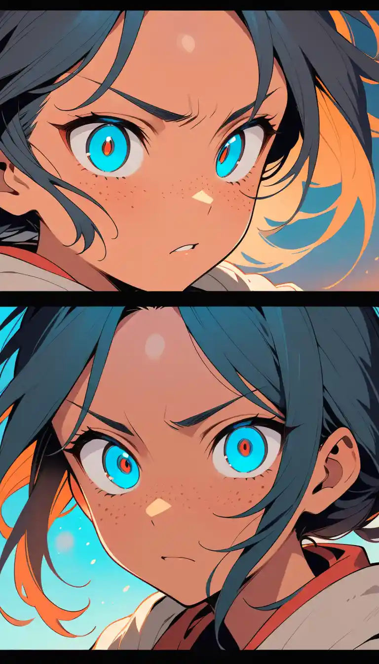 Furchtlose Anime-Frau Nahaufnahme mit Bandana und blauen Augen