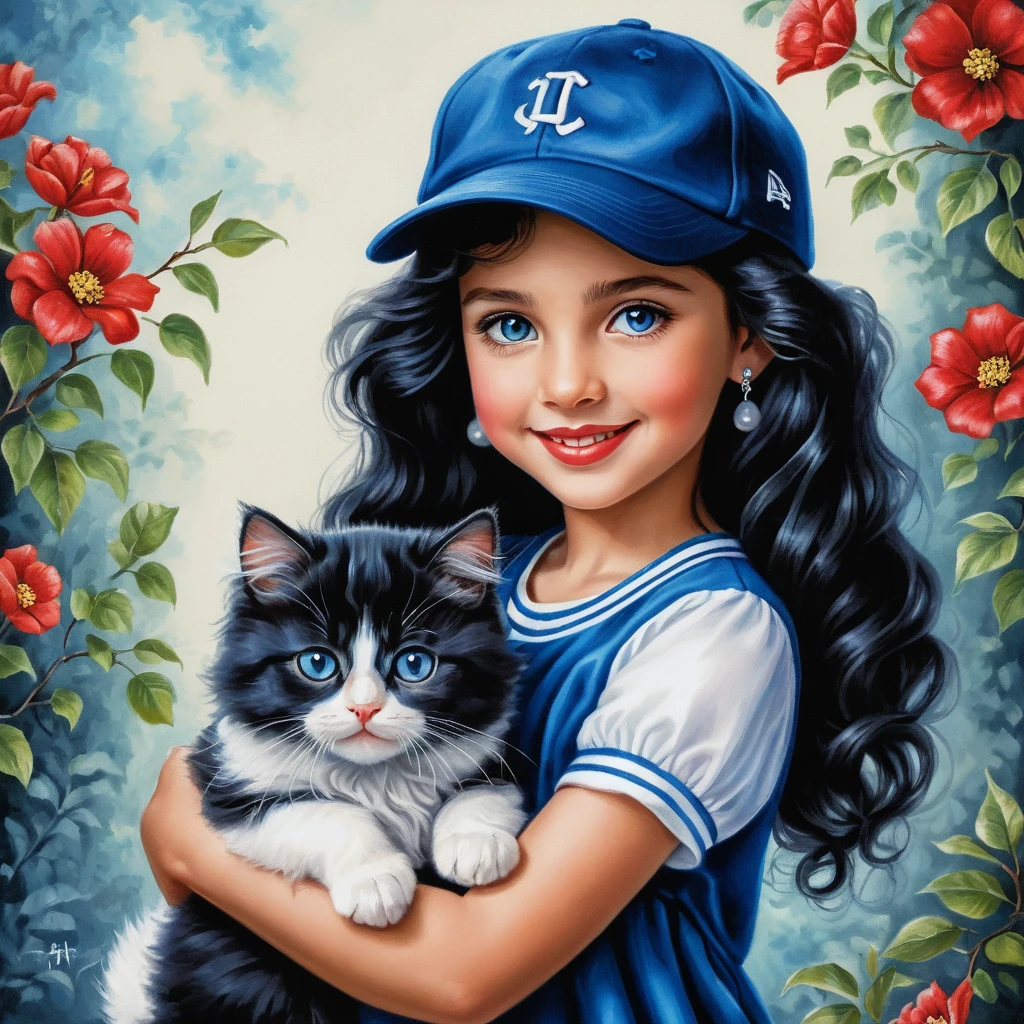 Smiling girl with kitten in bright springtime illustration