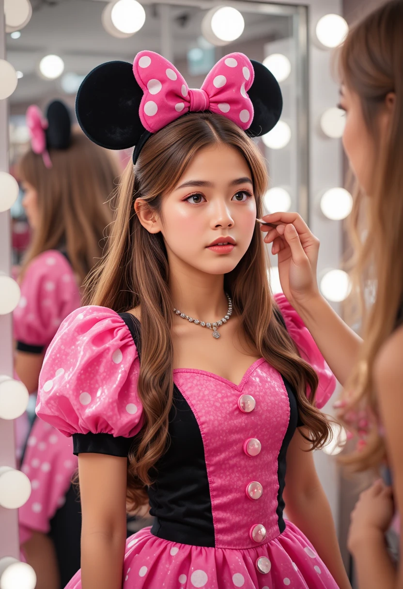 Young boy in pink Minnie dress getting makeup in boutique