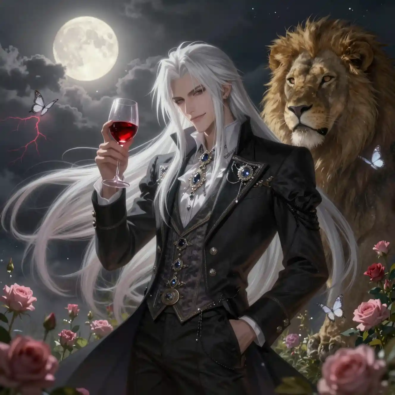 Ethereal prince with lion in a moonlit flower meadow