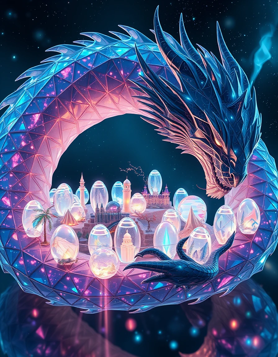 Cosmic crystal dragon guarding luminous multiverse eggs