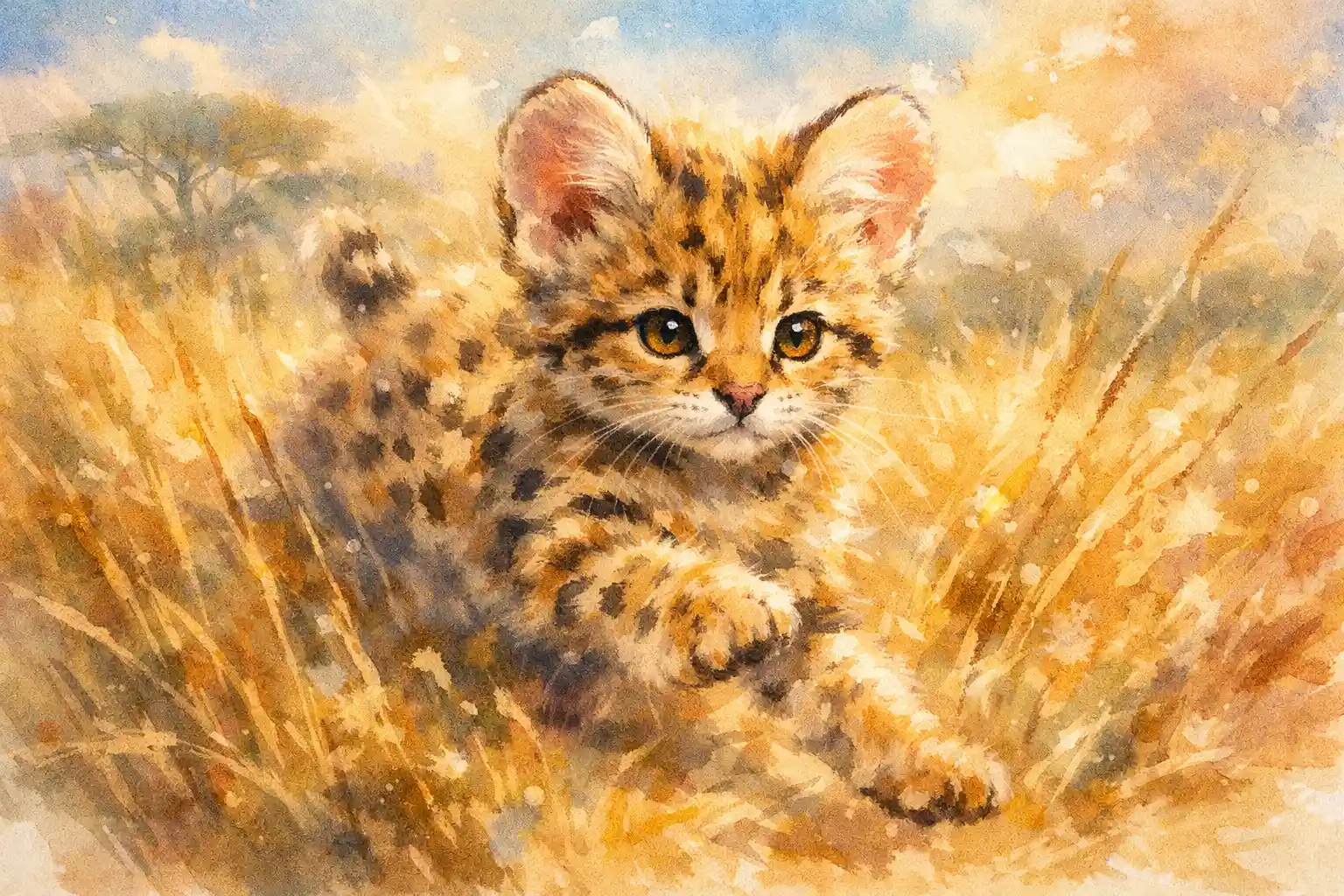 Giocoso cucciolo di serval che salta tra l’erba alta della savana