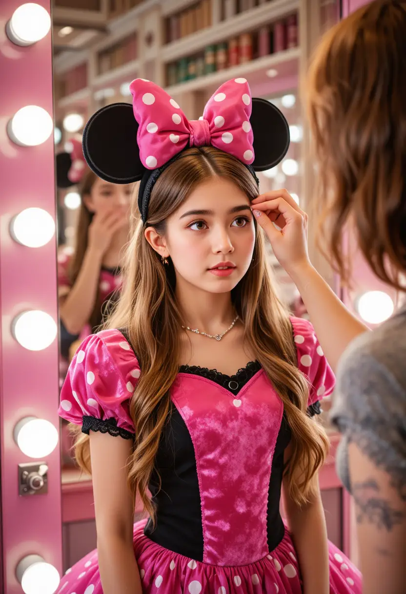 Ragazzo con vestito rosa di Minnie truccato nel retro di una boutique