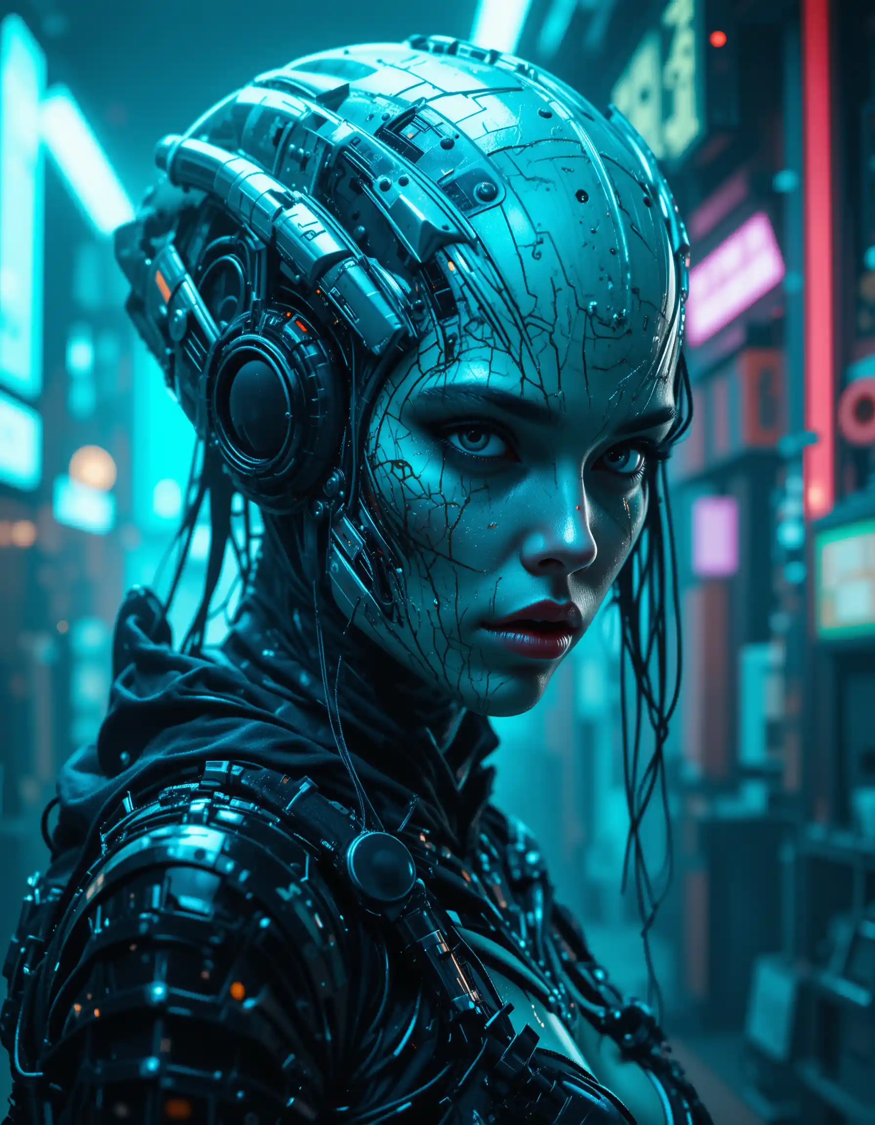 Fiera aliena femminile in un paesaggio urbano cyberpunk al neon