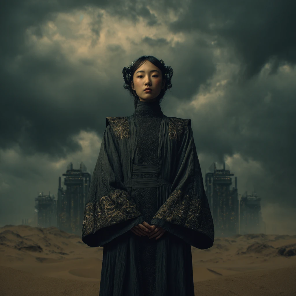 Principessa asiatica sci‑fi con mantello scuro a bordo di un'astronave futuristica