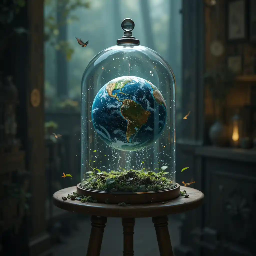 Earth Floating Under A Dusty Glass Dome On Round Table