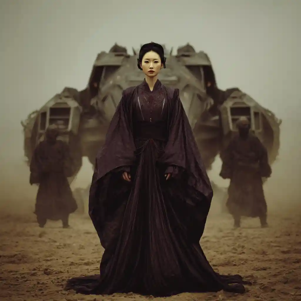Asian princess in dark robe in a cinematic sci fi scene