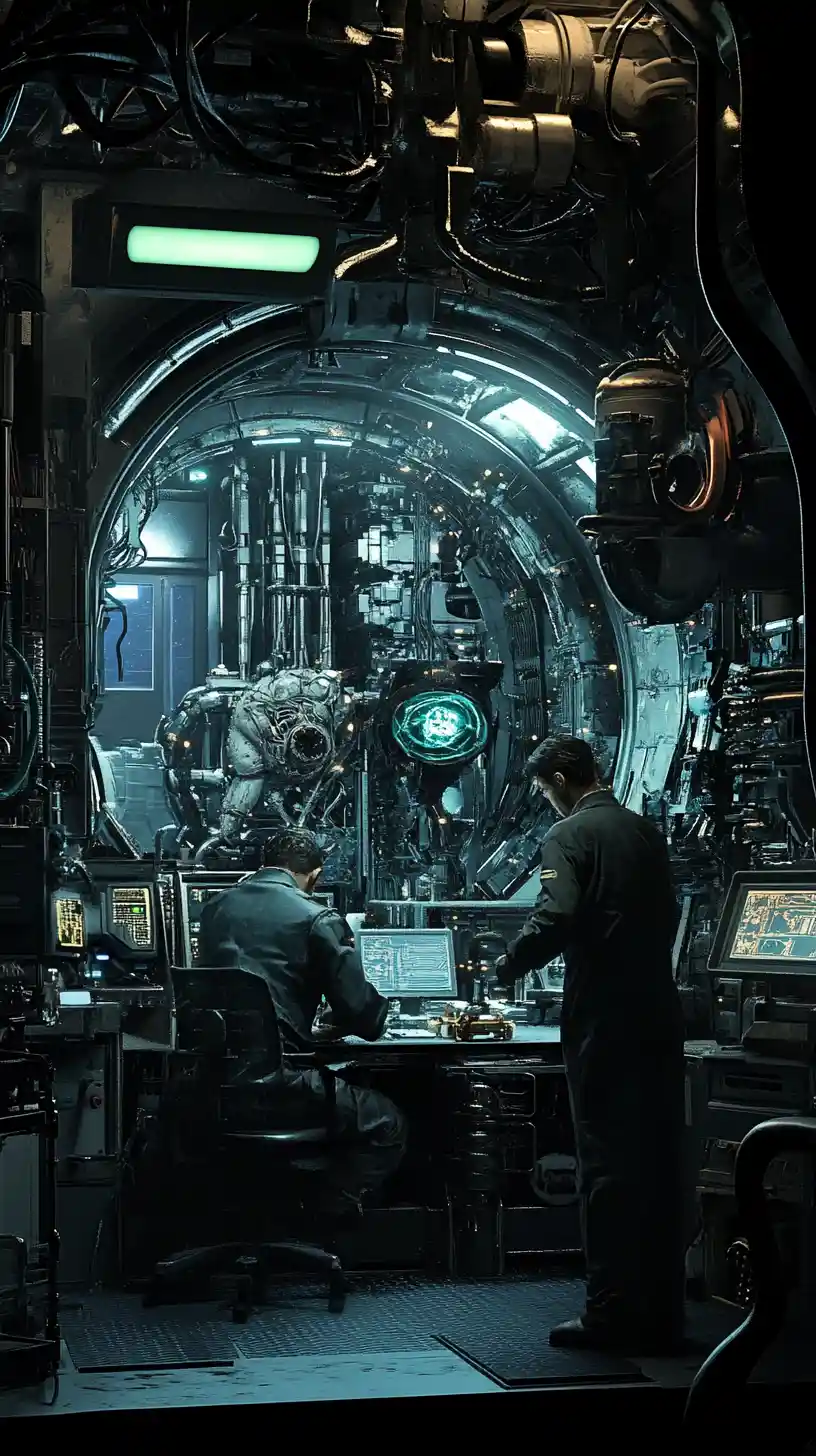 Figura di cyborg collegata a macchine in un laboratorio oscuro