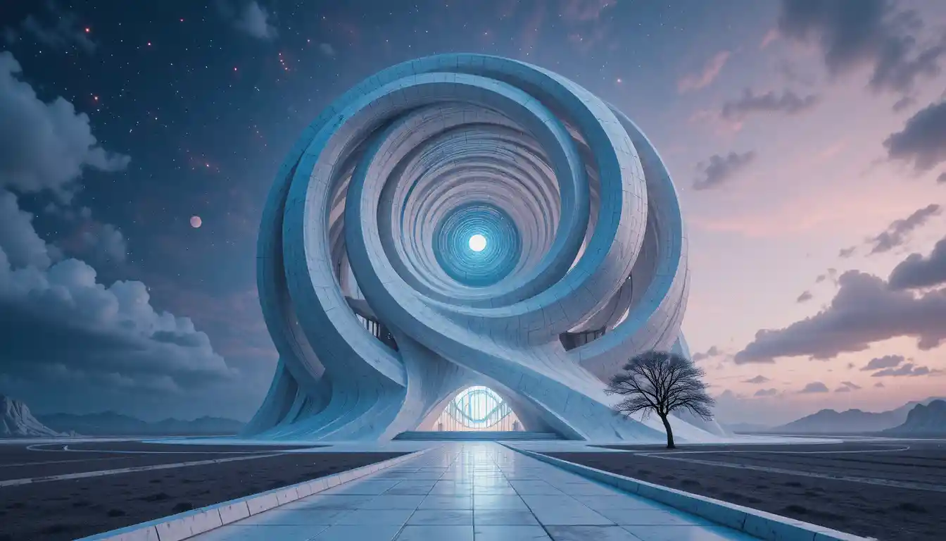 Futuristic spiral building in a surreal twilight landscape