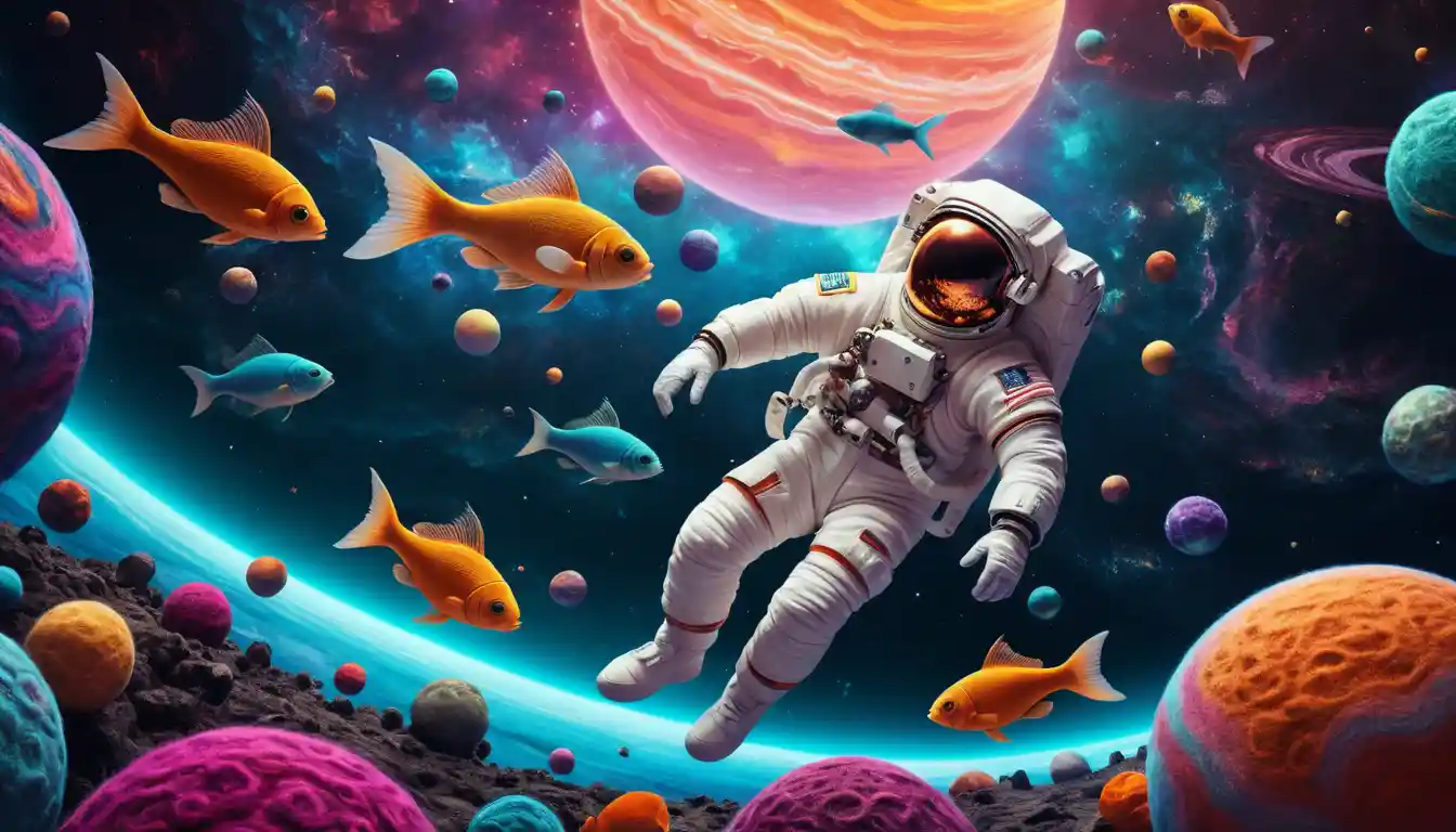 Astronaut Floating Among Glowing Planets In Surreal Felt Space