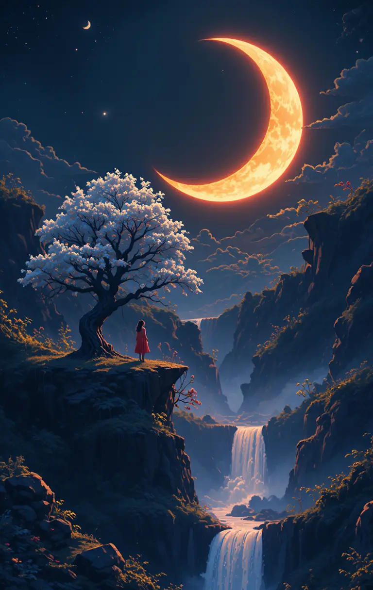 Pixel art cliffside girl under a glowing crescent moon