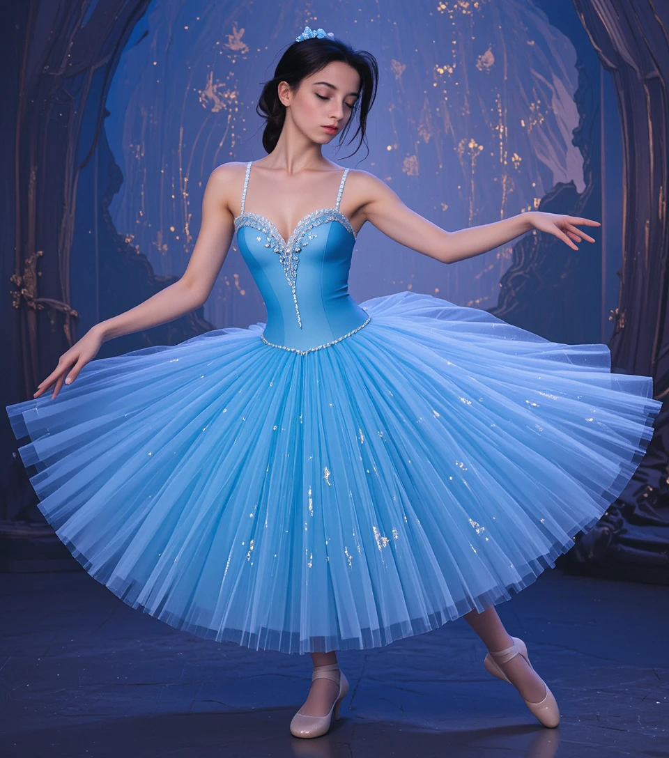 Graceful ballet dancer posing in a blue stage tutu