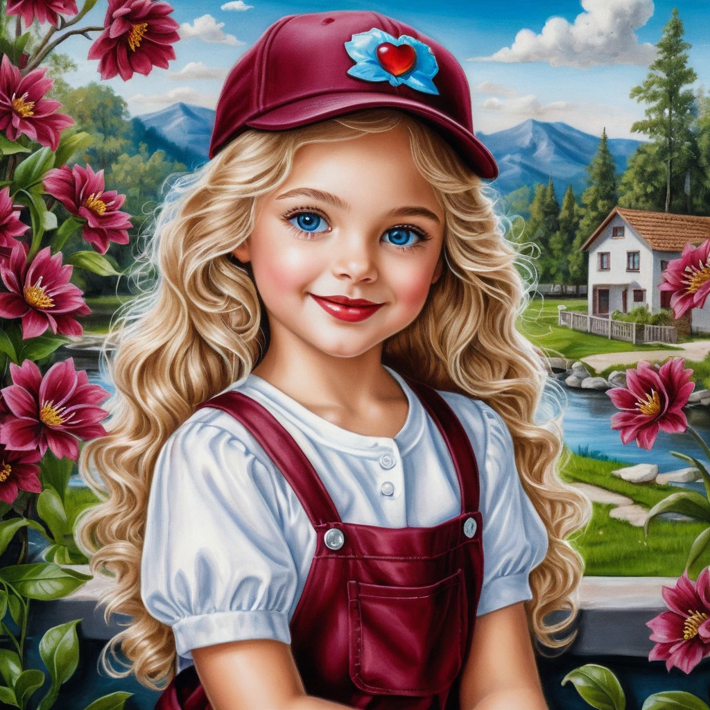 Smiling blonde girl in spring with kitten and burgundy outfit