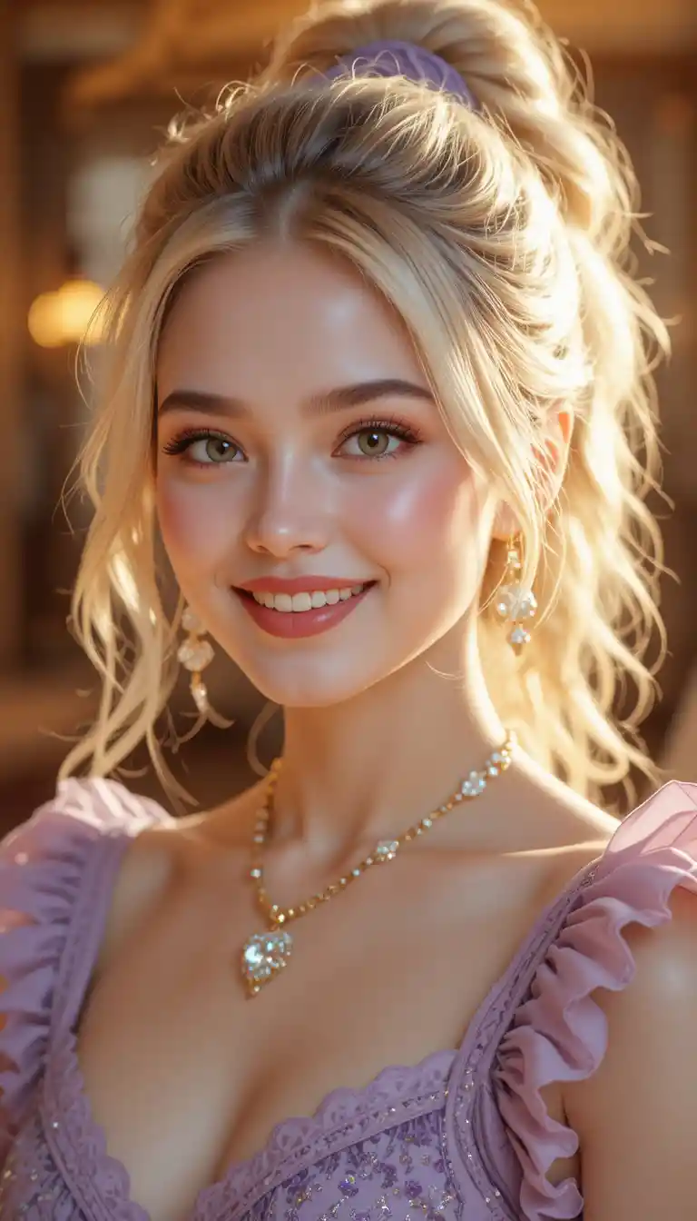 Lächelndes Porträt eines blonden Mädchens mit Goldschmuck und Bokeh