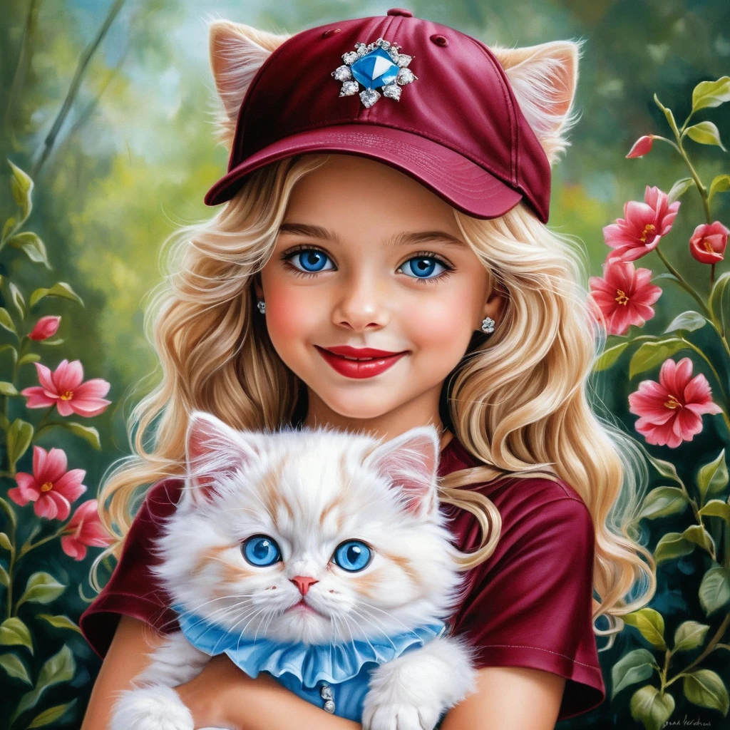 Smiling spring girl with kitten in shiny burgundy outfit