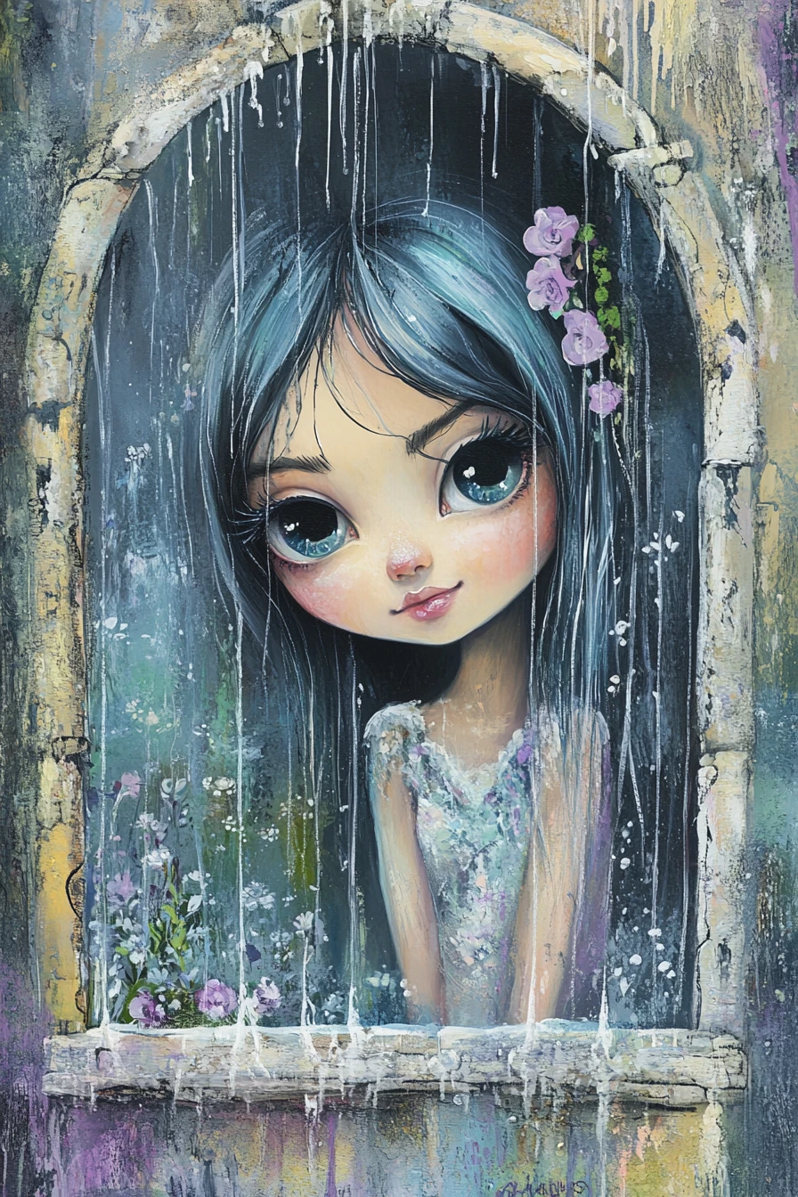 Chibi girl gazing through a rainy arched window