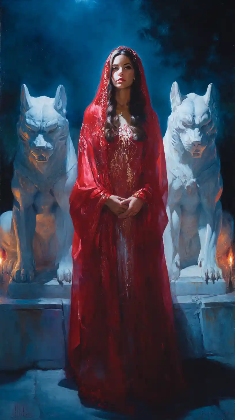 Egyptian queen in red abaya between towering Anubis statues