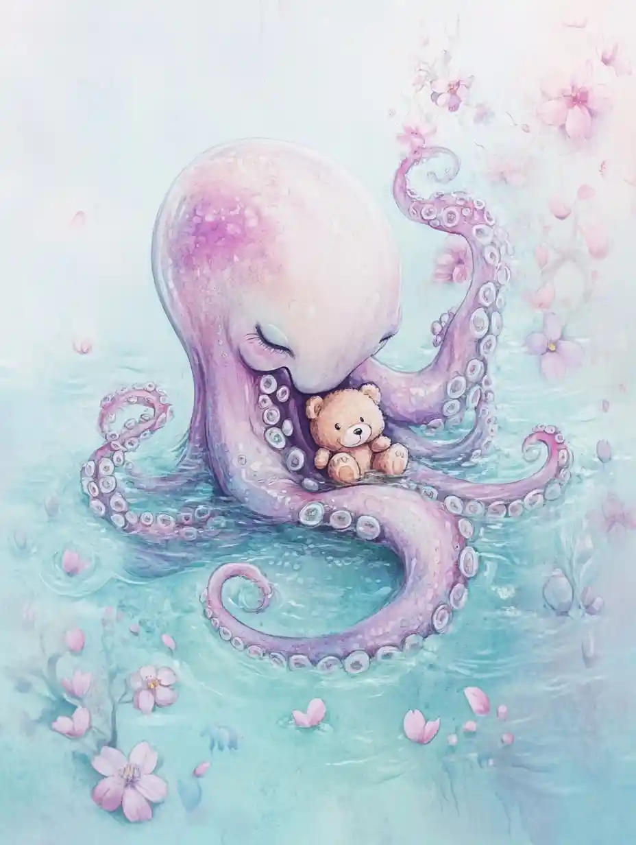 Tiny Pastel Kraken Hugging A Teddy Bear Underwater
