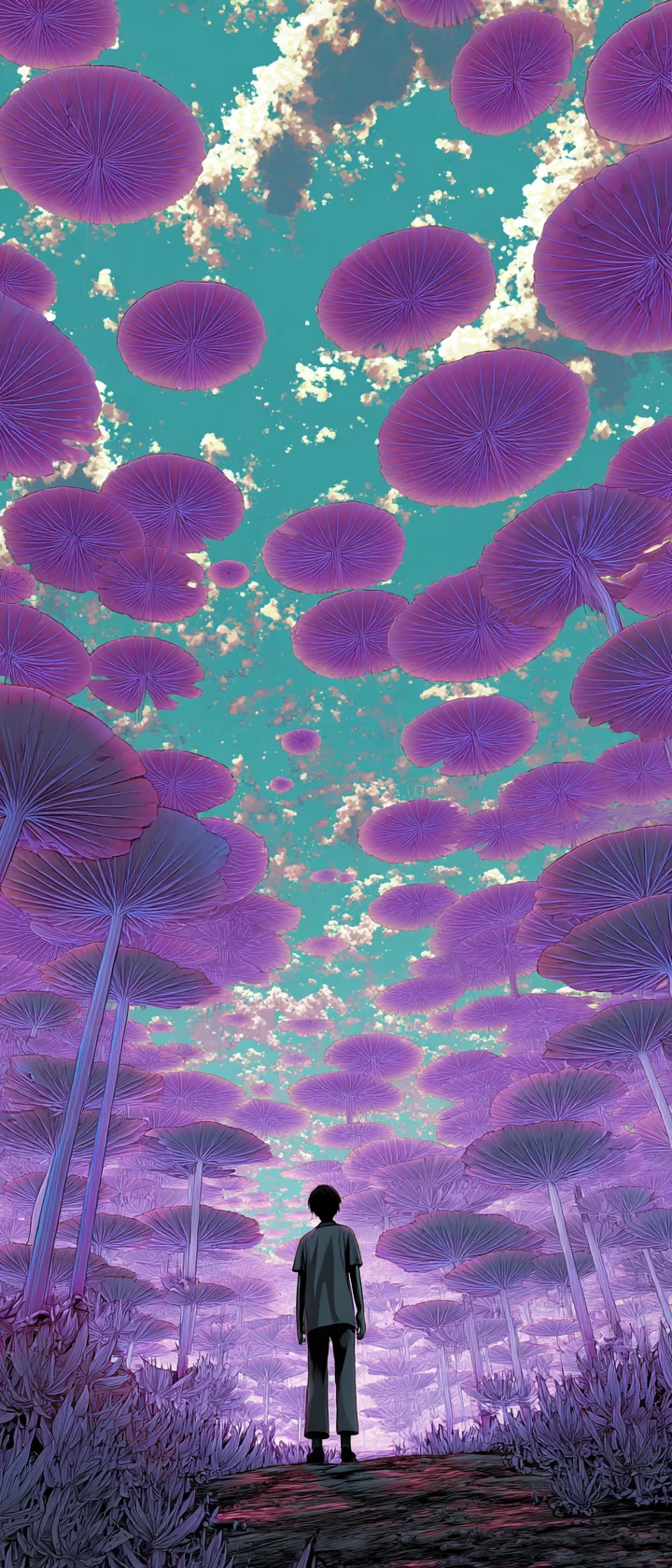 Serene anime boy drifting in a cosmic field of glowing clouds