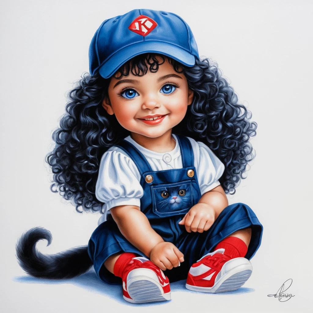 Smiling curly haired girl with kitten in springtime illustration