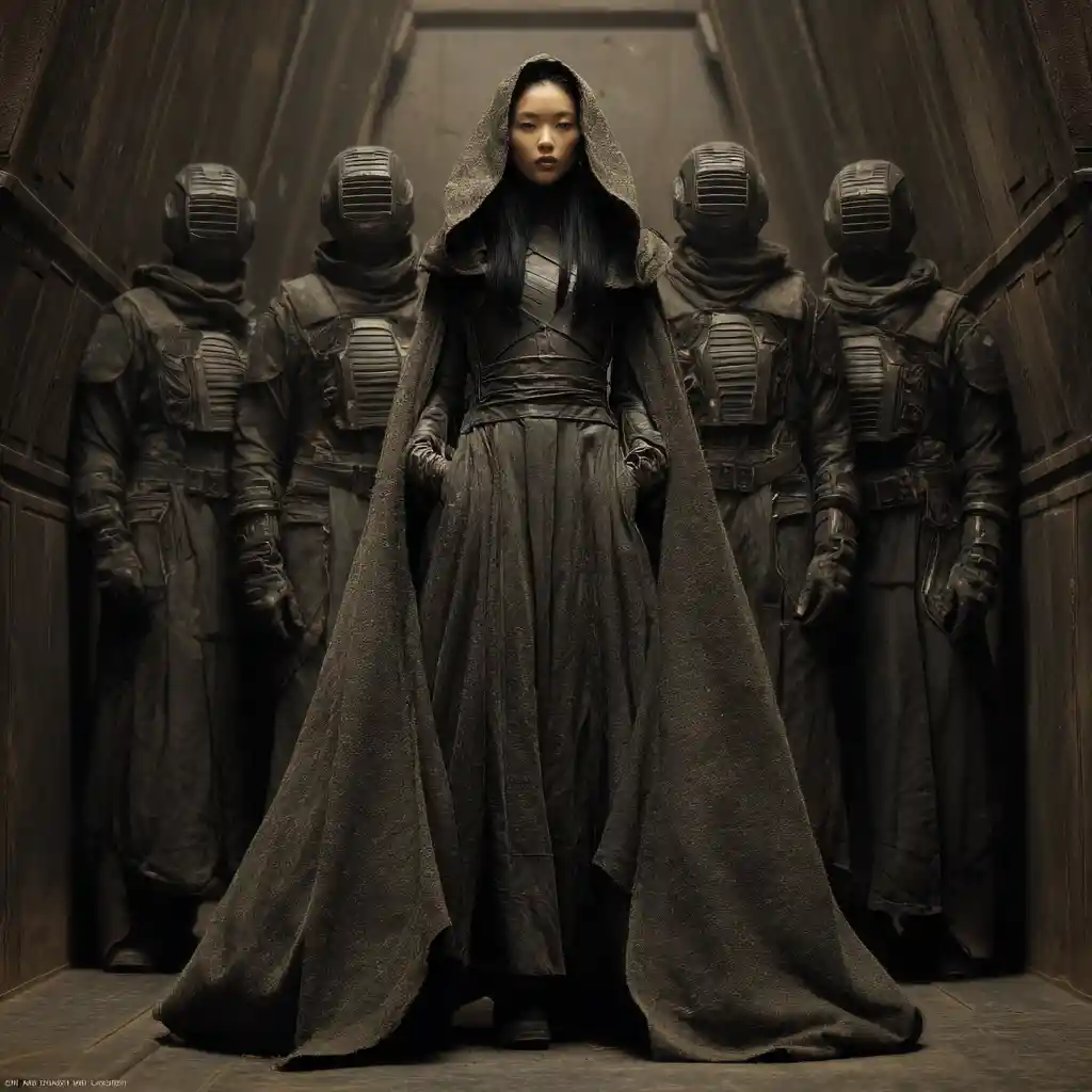 Asian princess in dark robe aboard futuristic spacecraft