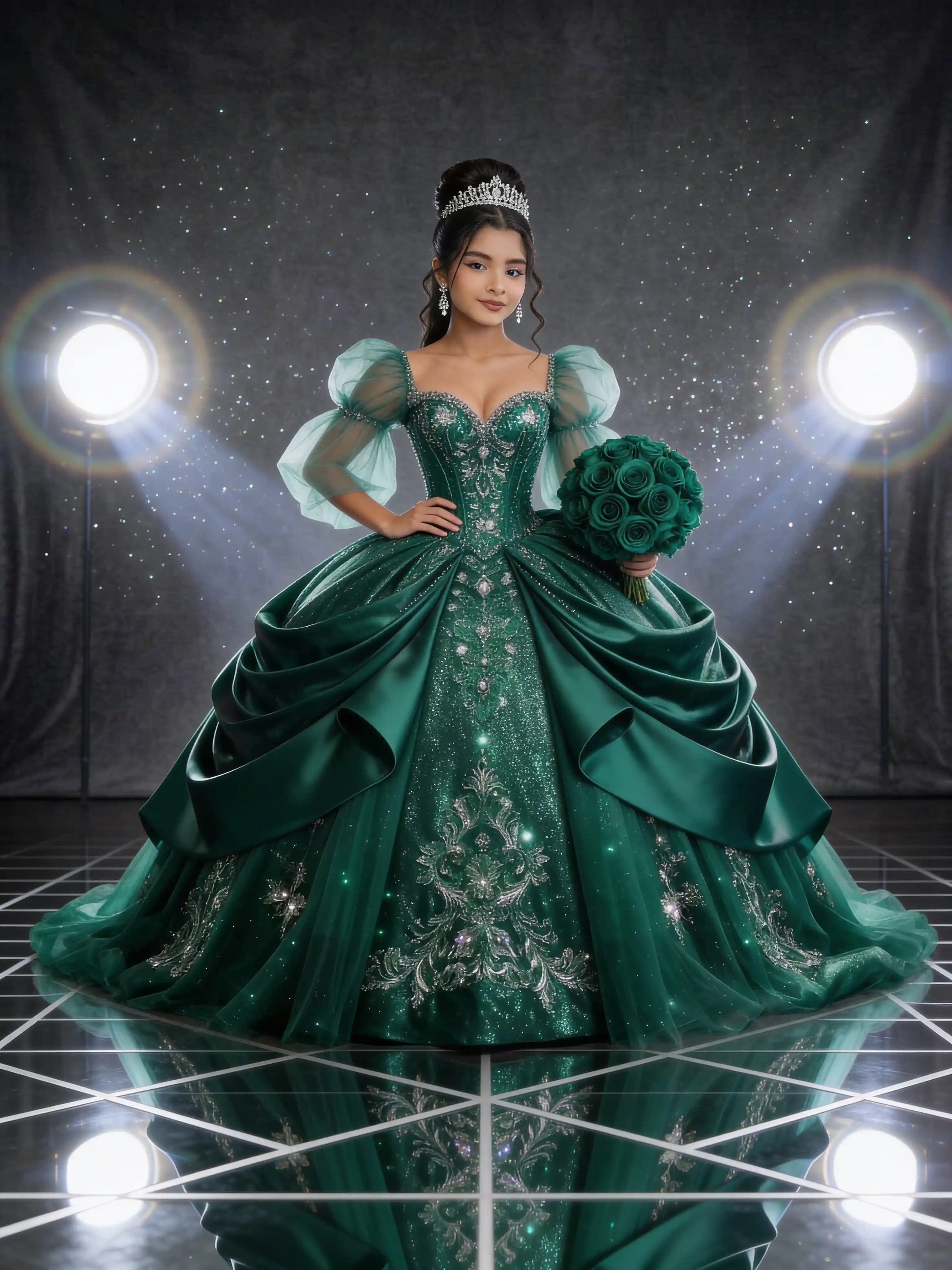 Quinceañera elegante con vestido de gala esmeralda en retrato de estudio