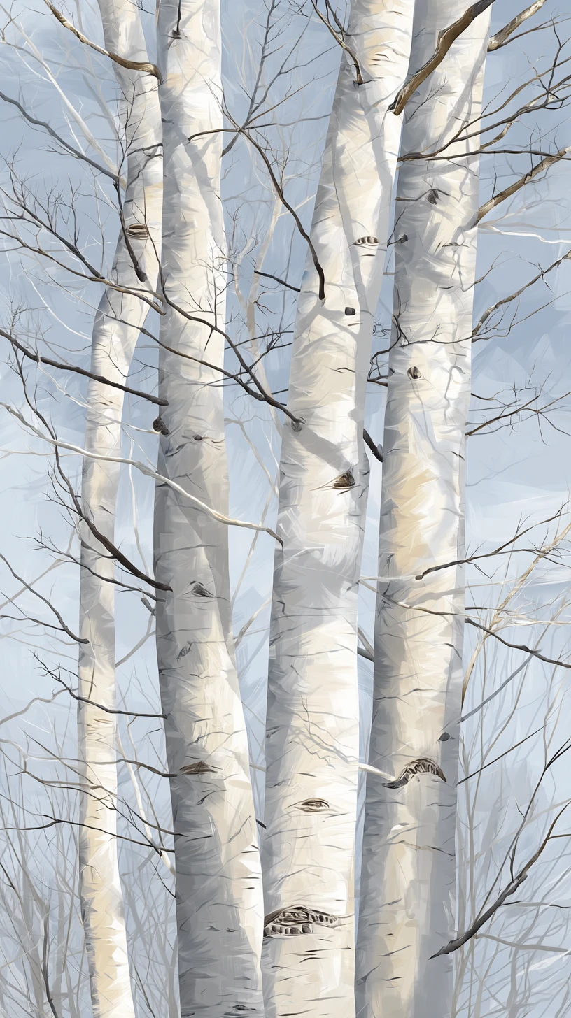 Troncos de abedul sin hojas en una escena minimalista de bosque primaveral