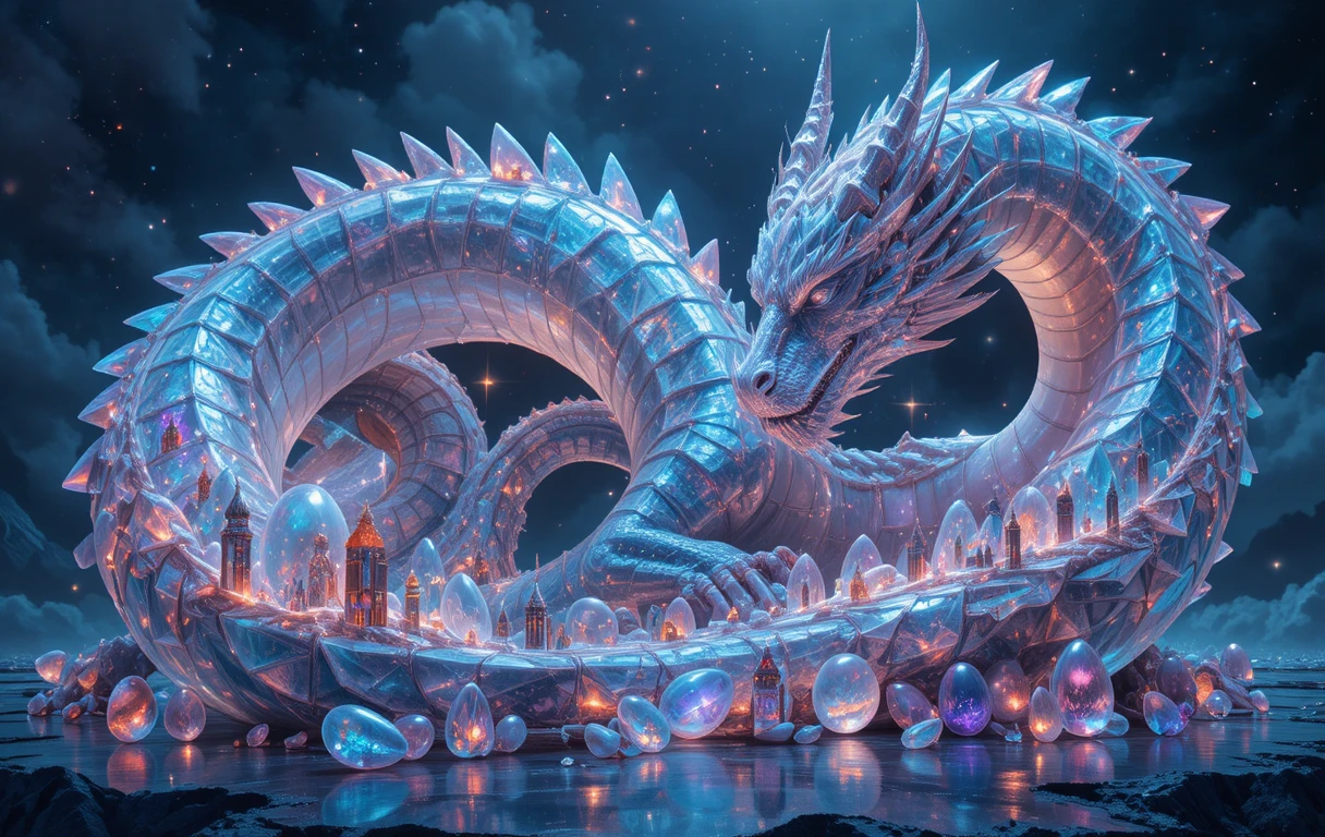 Cosmic crystal dragon god guarding a ring of worlds