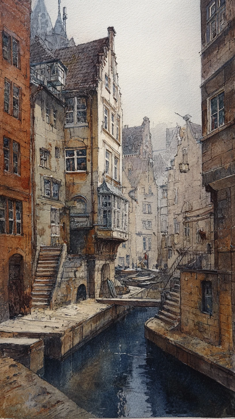 Historic Hamburg fish market in soft watercolor tones