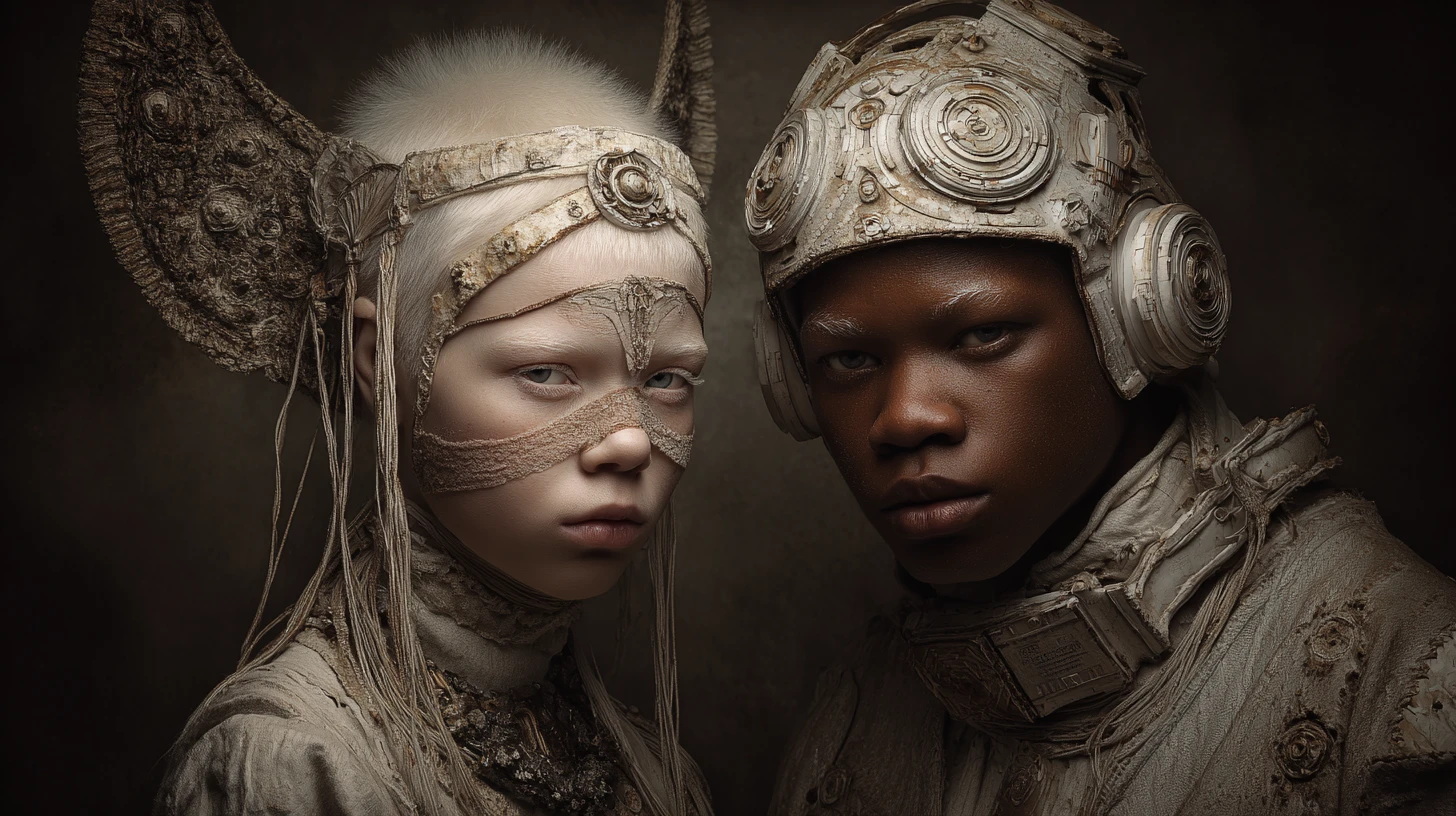 Albino African girl in traditional headdress with sci fi atmosphere