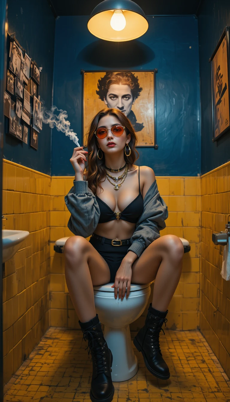 Edgy Frau raucht auf der Toilette in stimmungsvoll blauem Bad