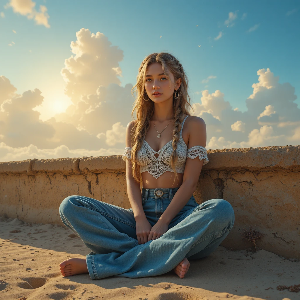 Woman with long braids sitting relaxed against sandy wall