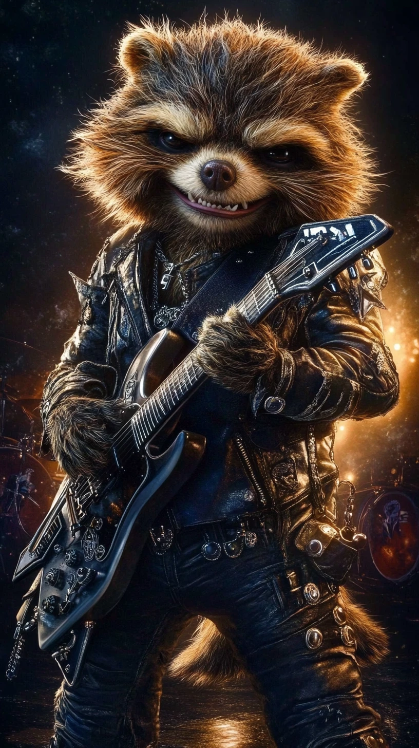 Freundliche, flauschige Fantasiekreatur im Rockstar-Studio-Porträt