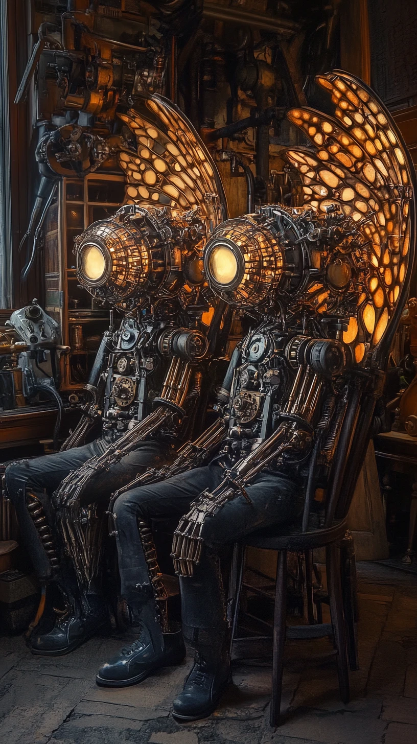 Mechanical twin brothers in a dim victorian workshop