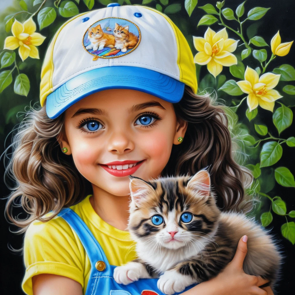 Smiling spring girl with kitten in neon yellow outfit
