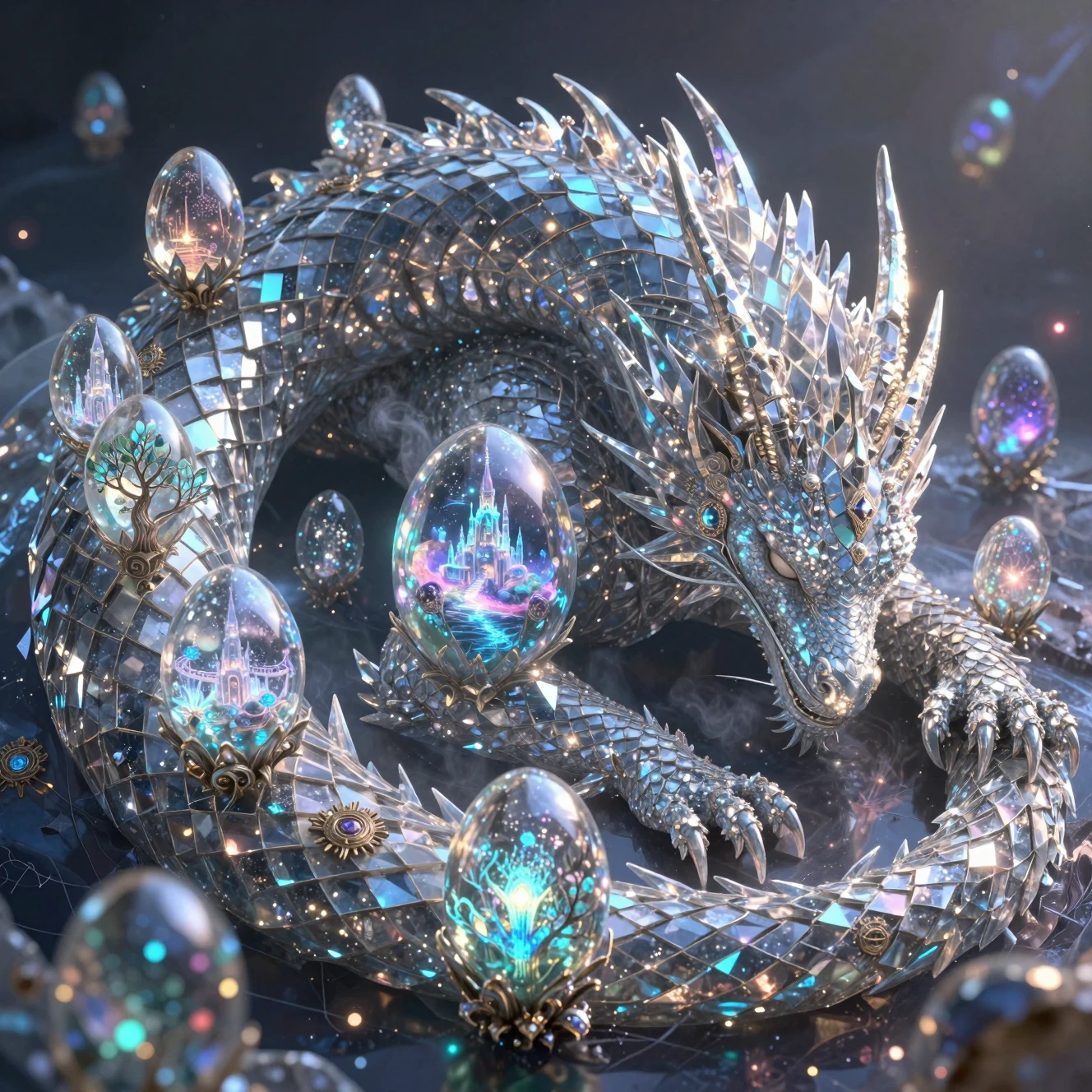 Cosmic crystal dragon god guarding prismatic multiverse eggs