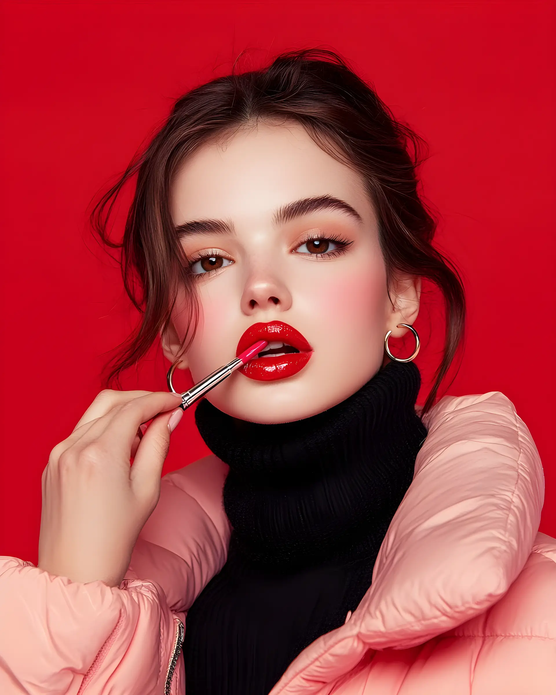 Woman applying red lipstick in 80s fashion portrait