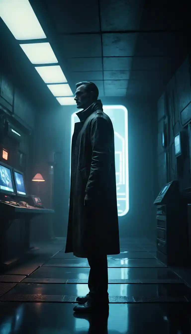 Tall man in a dark empty room with cinematic lighting