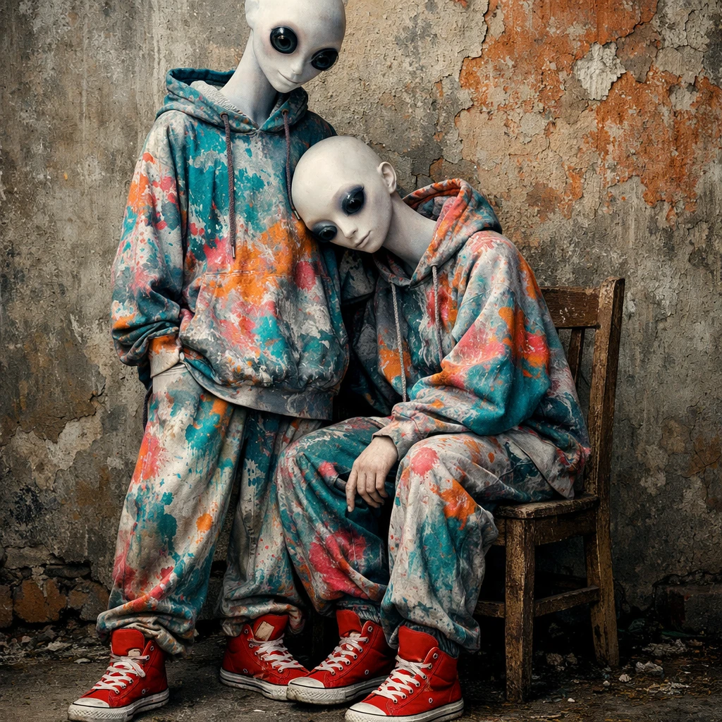Donne surreali in streetwear schizziato di vernice davanti a un muro di cemento