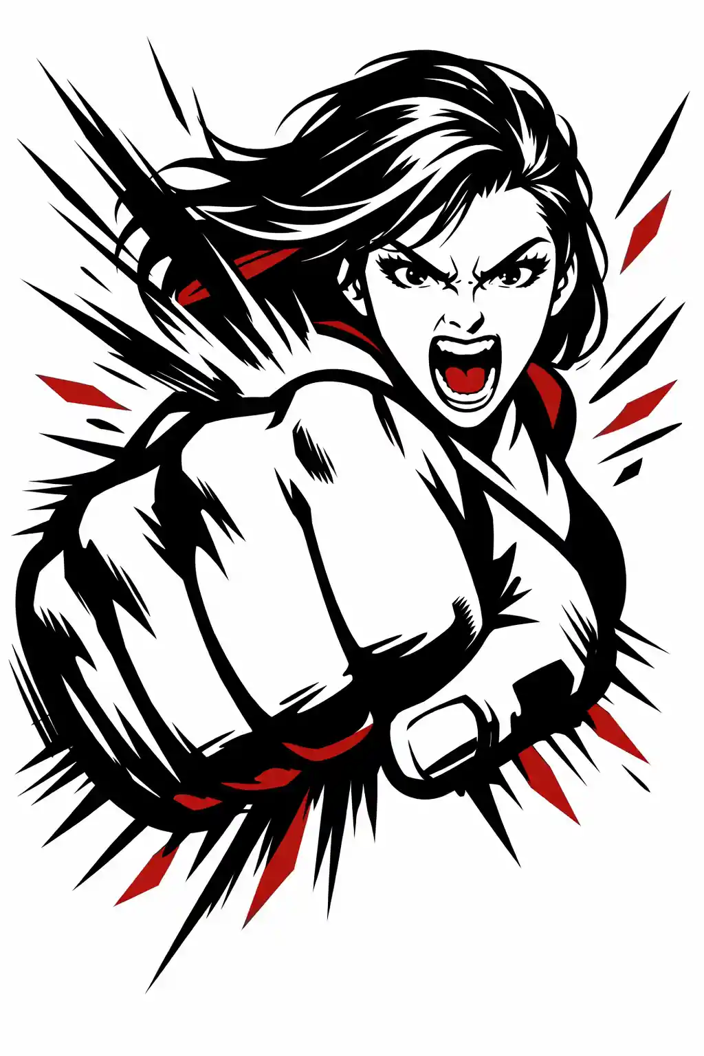 Fierce warrior woman punching forward with explosive force