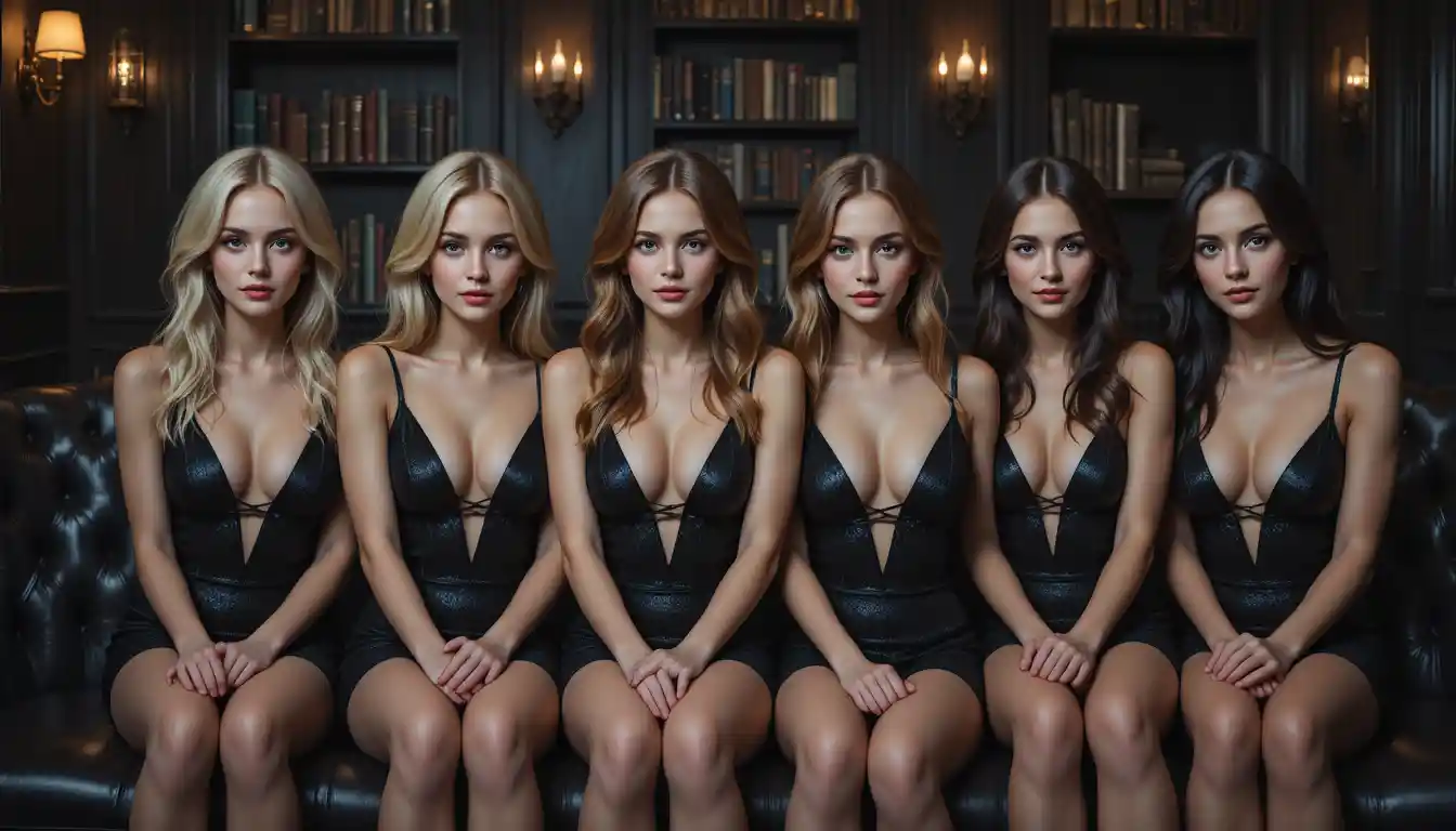 Five women in black jumpsuits on a dark leather bench